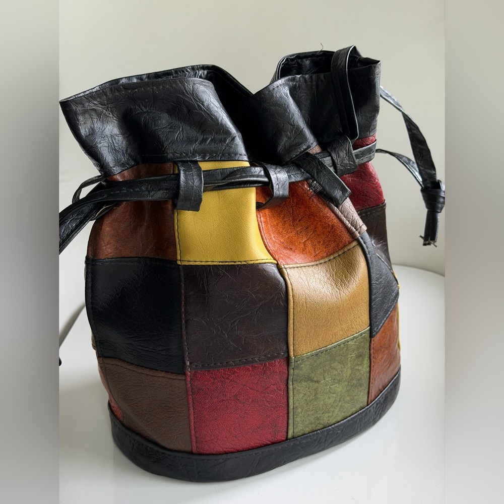 Vintage Mod Retro Patchwork Boho Drawstring Faux … - image 5